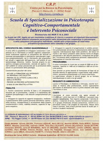 Iscrizioni alla Scuola di Specializzazione del CRP. Corso 2016 - 2019